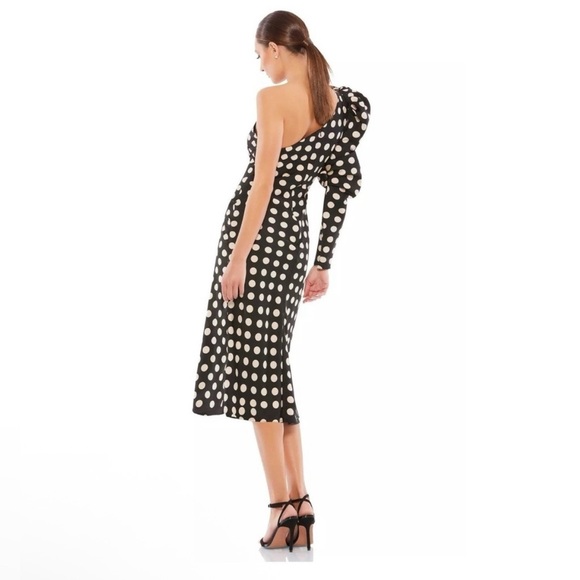 NEW IEENA MAC DUGGAL One Shoulder Polka Dot‎ MIDI DRESS Size 8 $398  PUFF SLEEVE - Picture 3 of 9